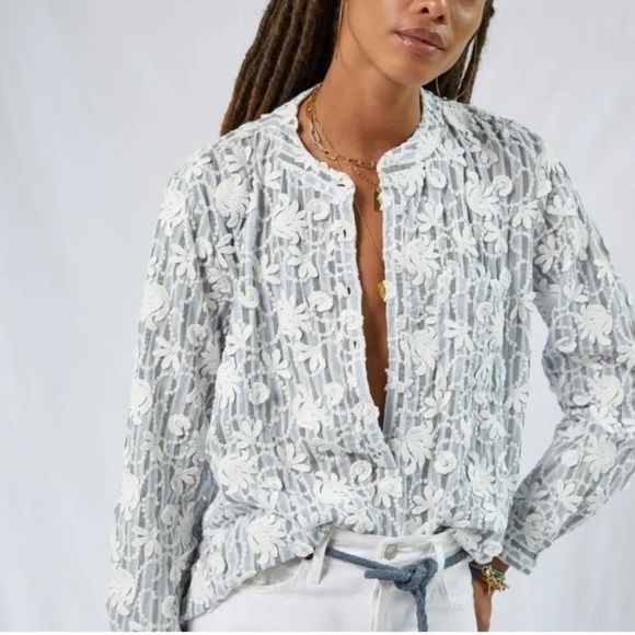 Pilcro THE WHITNEY TRAPEZE STRIPED FLORAL BUTTON Top IVORY - Picture 2 of 12